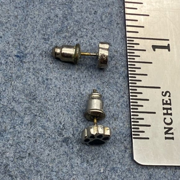 Mini Paw Print Earrings Stud Pierced Silver Dark Blue Enamel Pet Dog Mascot Vet - Picture 4 of 4